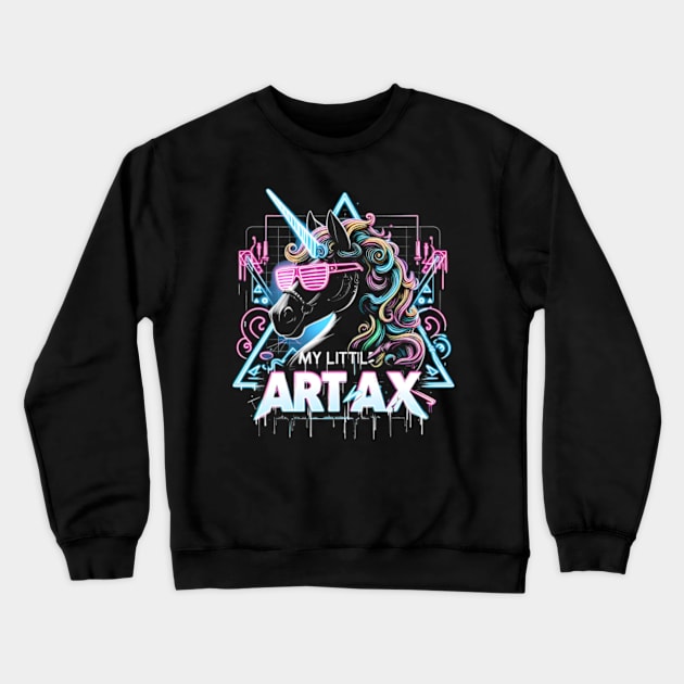 Neon unicorn artwork, futuristic mood, black style, wearing sunglasses, My little artax Crewneck Sweatshirt by StyleTops